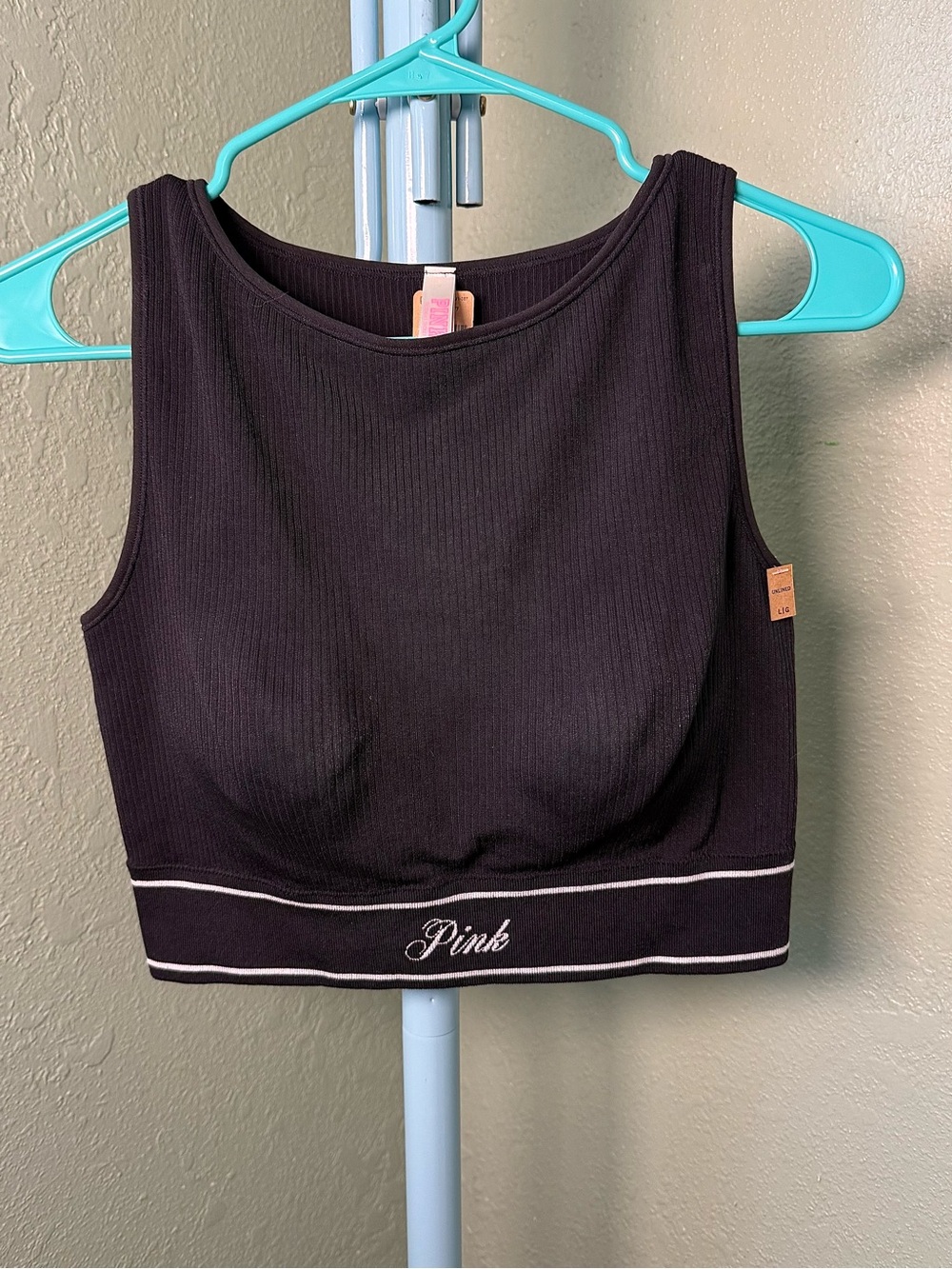 PINK Victoria's Secret by Victoria's Secret Black Ribbed Cropped Tank